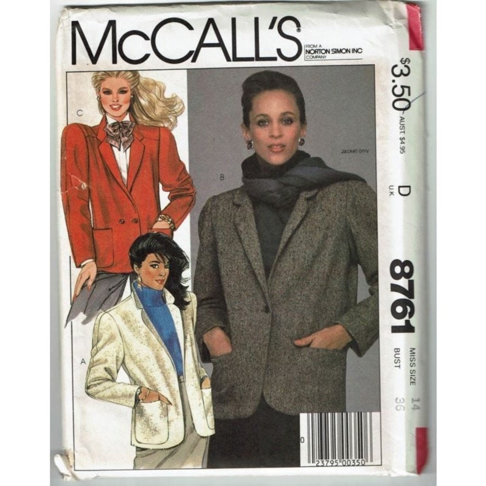 McCalls Sewing Pattern 8761 Jacket Coat Misses Size 14 Bust 36